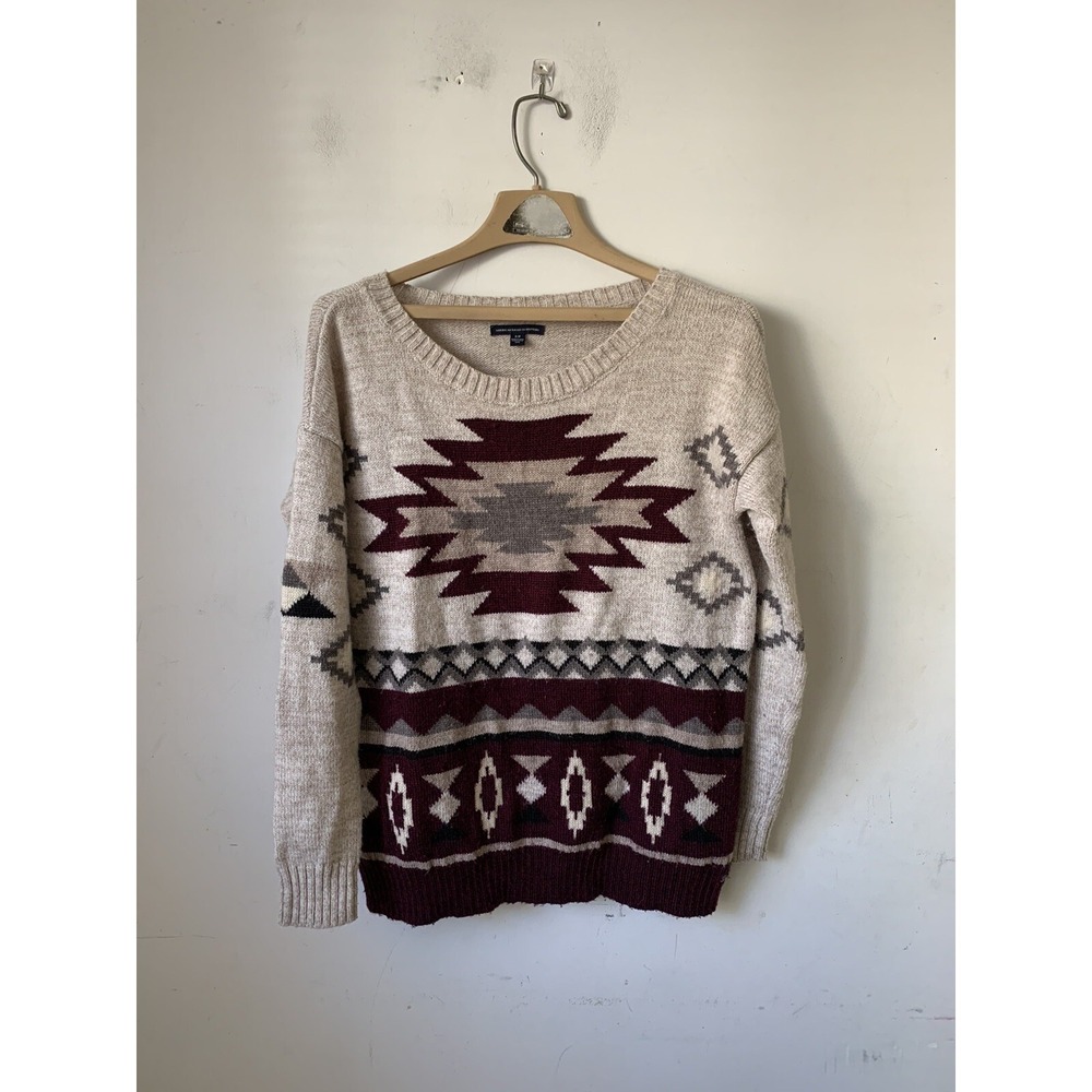 American Eagle Womens Sweater Small Beige Aztec Southwestern Wool Cabincore Y2k